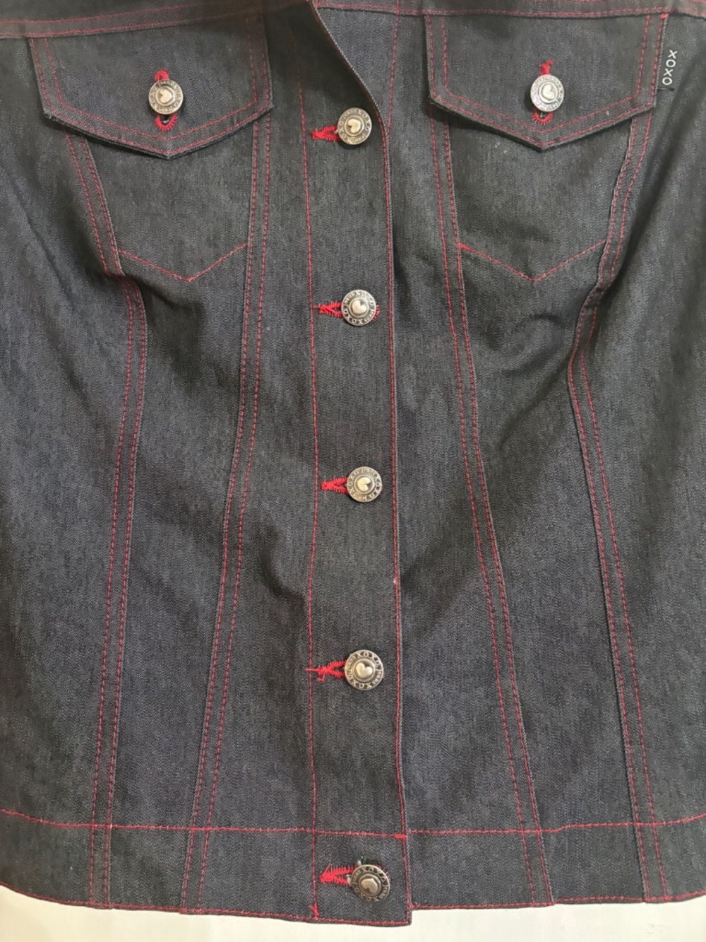 VINTAGE 1990s X0X0 JEANS Dark Blue with Red thread detail Denim Jacket - Size S - Picture 6 of 14